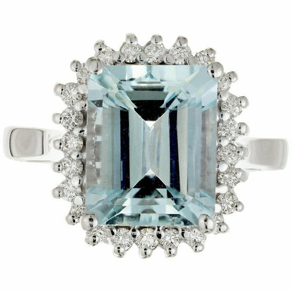 4ct Emerald Cut Blue Aquamarine Engagement Ring Diamond Halo 14k White Gold Over