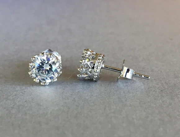 0.5ct Round Cut Blue Aquamarine Crown Design Stud Earrings 14k White Gold Finish