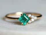 1ct Princess Green Emerald Diamond Petite Minimalist Ring 14k Yellow Gold Finish