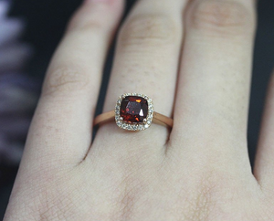 1.6ct Cushion Cut Red Garnet Engagement Ring 14k Yellow Gold Finish Halo Design