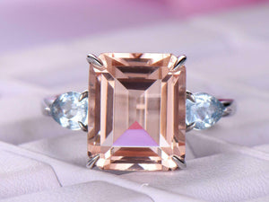 5ct Emerald Cut Peach Morganite Engagement Ring Trilogy 14k White Gold Finish