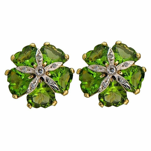 2ct Heart Cut Green Peridot Flower Design Stud Earrings 14k Yellow Gold Finish