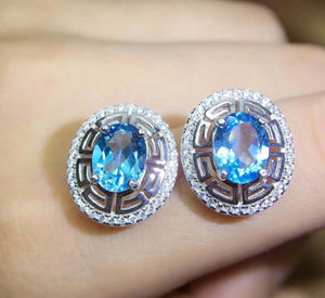 2.7ct Stud Earrings Oval Cut Blue Topaz Stylish Halo 14k White Gold Finish