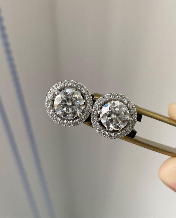 2ct Round Cut Moissanite Removable Halo Stud Women Earring 14k White Gold Plated