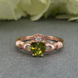 1ct Heart Cut Green Peridot Claddagh Design Engagement Ring 14k Rose Gold Finish