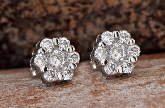 Flower Women Stud Earrings 1.2ct Round Cut VVS1D Diamond 14k White Gold Finish