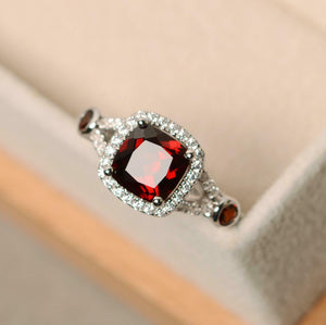 2ct Cushion Cut Red Garnet Engagement Ring Split Shank Halo 14k WhiteGold Finish