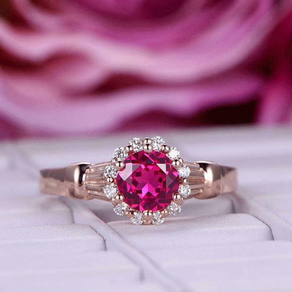 1.5ct Round Cut Pink Ruby Engagement Ring Vintage Floral Style 14k RoseGold Over