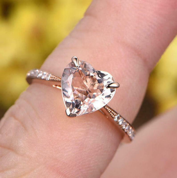 1.5ct Heart Cut Peach Morganite Round Accent Solitaire Ring 14k Rose Gold Finish