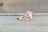 1.6ct Pear Cut Peach Morganite Diamond Halo Rope Band Ring 14k Rose Gold Finish