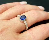 1ct Oval Cut Blue Sapphire Beaded Ball Shank Solitaire Ring 14k White Gold Over