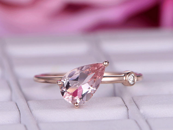 0.7ct Pear Cut Peach Morganite Engagement Ring Solitaire 14k Rose Gold Finish