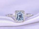 1.5ct Emerald Cut Blue Aquamarine Engagement Ring Halo 14k White Gold Finish