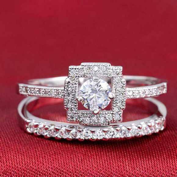 4Ct Round Cut Diamond Bridal Set Square Halo Ring Band 14K White Gold Finish