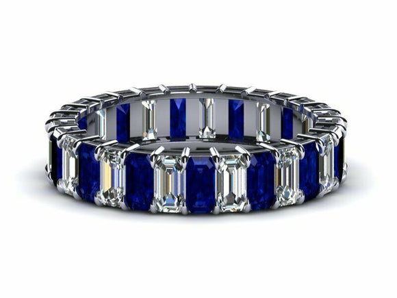 2ct Emerald Cut Blue Sapphire Eternity Wedding Band Ring 14k White Gold Finish