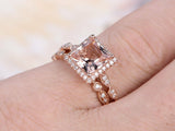 2ct Princess Peach Morganite Halo Bridal Set Engagement Ring 14k RoseGold Finish