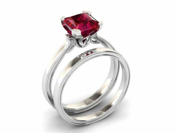 2ct Princess Cut Pink Ruby Bridal Set Band Engagement Ring 14k White Gold Finish