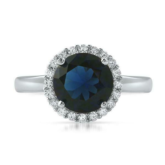 2.3ct Round Cut Blue Sapphire Engagement Ring Halo Solitaire 14k White Gold Over