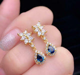 2.1ct Drop Earrings Pear Cut Blue Sapphire Halo Cluster 14k Yellow Gold Finish