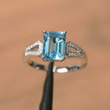 2ct Emerald Cut Blue Aquamarine Split Shank Engagement Ring 14k WhiteGold Finish