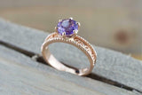 1ct Round Cut Purple Amethyst Engagement Ring 14k RoseGold Over Beaded Solitaire