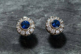 2.3ct Stud Earrings Round Cut Blue Sapphire Halo Cluster 14k White Gold Finish