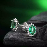 2ct Oval Cut Green Emerald Floral Halo Stud Women Earrings 14k White Gold Finish