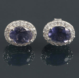 2.4ct Stud Earrings Oval Cut Blue Tanzanite Diamond Halo 14k White Gold Finish