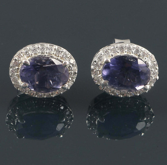 2.4ct Stud Earrings Oval Cut Blue Tanzanite Diamond Halo 14k White Gold Finish