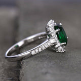 1.3ct Oval Cut Green Emerald Floral Engagement Ring 14k White Gold Finish