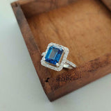 2.2ct Engagement Ring Emerald Cut London Blue Topaz Halo 14k White Gold Finish