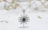 2.1ct Oval Cut Blue Sapphire Pendant Chain Floral Design 14k White Gold Finish