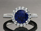 2.7ct Round Cut Blue Sapphire Engagement Ring Bridal Set Halo 14k WhiteGold Over