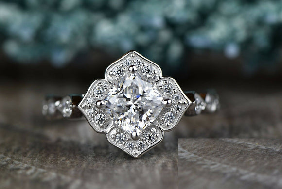 2.3ct Cushion Cut Diamond Engagement Ring 14k White Gold Finish Vintage Floral