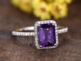 1.5ct Emerald Purple Amethyst Engagement Ring Diamond Halo 14k White Gold Finish