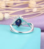 2ct Pear Cut Blue Sapphire Crown Infinity Engagement Ring 14k White Gold Finish