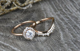 1.6ct Round Cut Diamond Engagement Ring 14k Rose Gold Over Halo Wedding Band Set