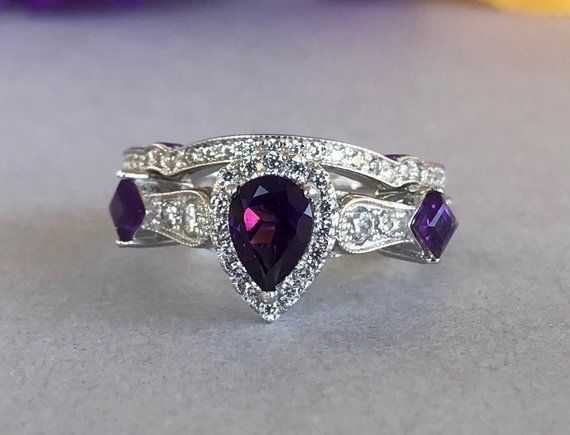 1.9ct Pear Cut Purple Amethyst Bridal Set Engagement Ring 14k White Gold Finish