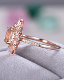 4Ct Oval Cut Peach Morganite Sunburst Halo Engagement Ring 14K Rose Gold Finish