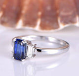 1ct Emerald Cut Blue Sapphire Three Stone Engagement Ring 14k White Gold Finish