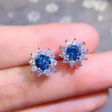 2.5ct Stud Earrings Round Cut Blue Sapphire Diamond Floral 14k White Gold Finish