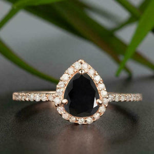 1.2ct Pear Cut Black Diamond Engagement Ring 14k Rose Gold Finish Halo Stackable