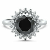 3Ct Round Cut Black Diamond Sunflower Halo Solitaire Ring 14K White Gold Finish