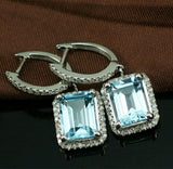 5Ct Emerald Cut Blue Aquamarine Diamond Halo Drop Earrings 14K White Gold Finish