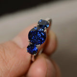 2ct Round Cut Blue Sapphire Three Stone Engagement Ring 14k White Gold Finish