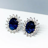 2Ct Oval Cut Blue Sapphire Diamond Flower Halo Stud Earrings 14K White Gold Over