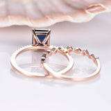 1.3ct Emerald Cut Blue Sapphire Bridal Set Engagement Ring 14k Rose Gold Finish