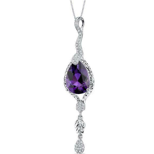 2.5Ct Pear Cut Purple Amethyst Diamond Long Drop Pendant 14K White Gold Finish