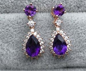 2.5ct Pear Cut Purple Amethyst Dangling Tear Drop Earrings 14k Rose Gold Finish