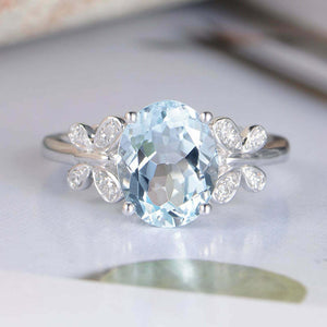 2.5ct Oval Blue Aquamarine Engagement Ring Butterfly Design 18k White Gold Over